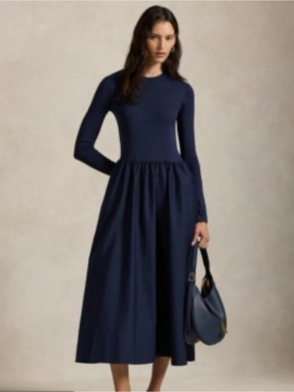 Polo by Ralph Lauren Navy Long Sleeve Gathered-Waist Midi Dress - Picture 2 of 3